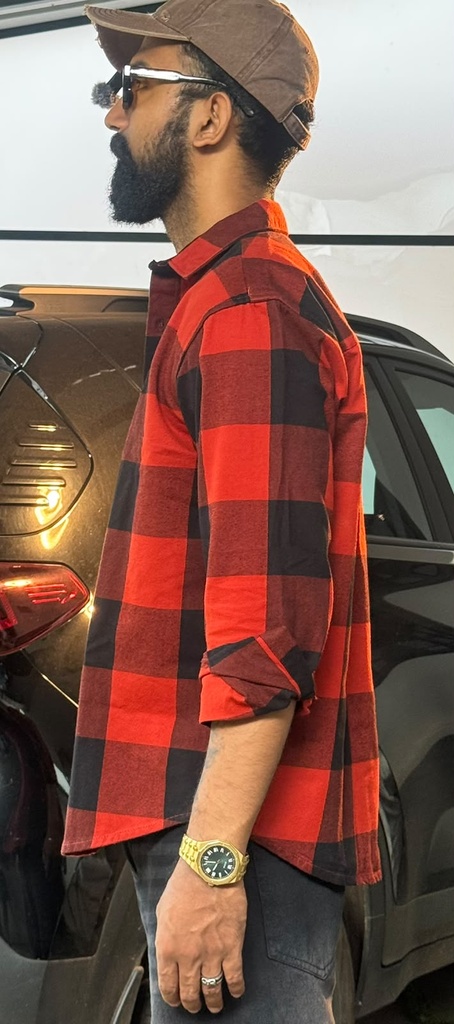 Chrome patch red black denim feel shirt