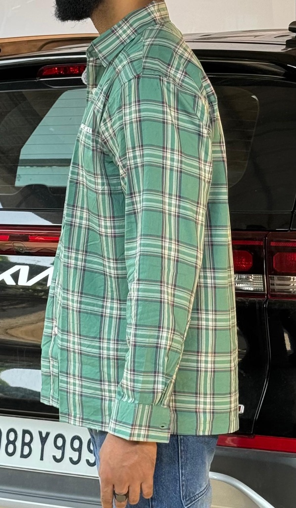 Light green, white check shirt