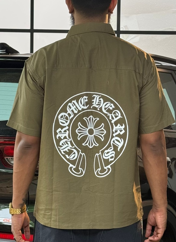 Chrome embroidery Olive green boxy shirt