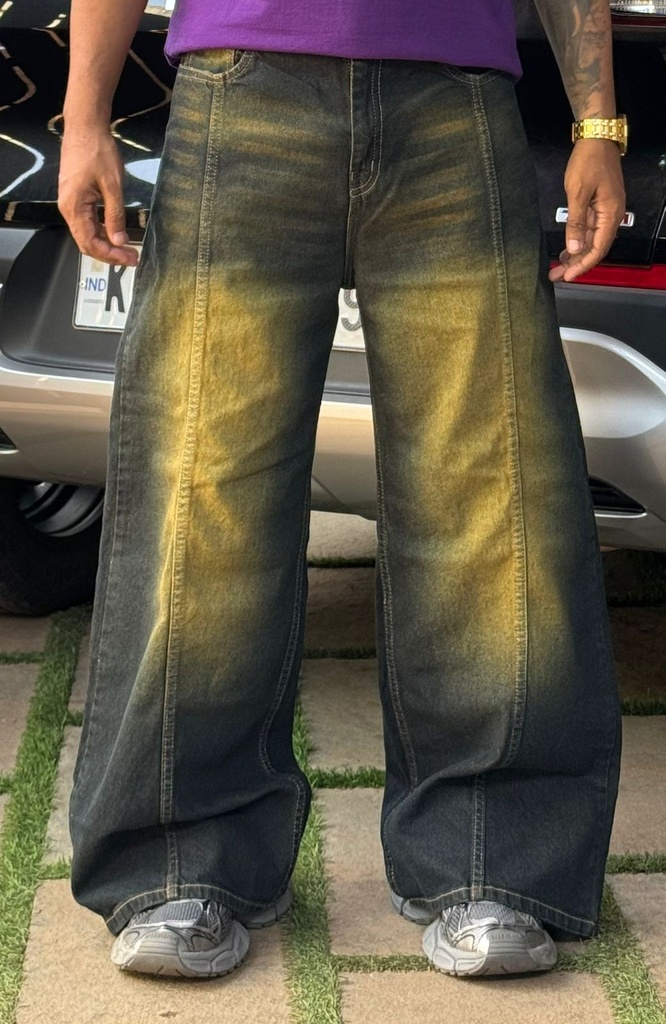 13in wideleg line whisker baggy jeans Black n Brown