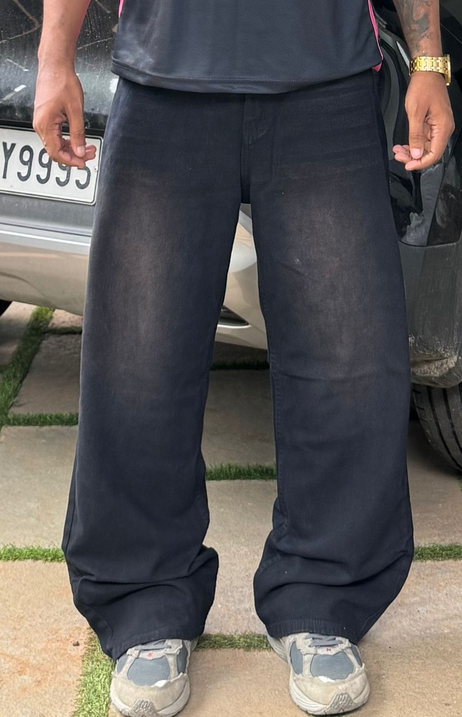 Dark BLACK n Brown line whisker Baggy Rustwash  Jeans