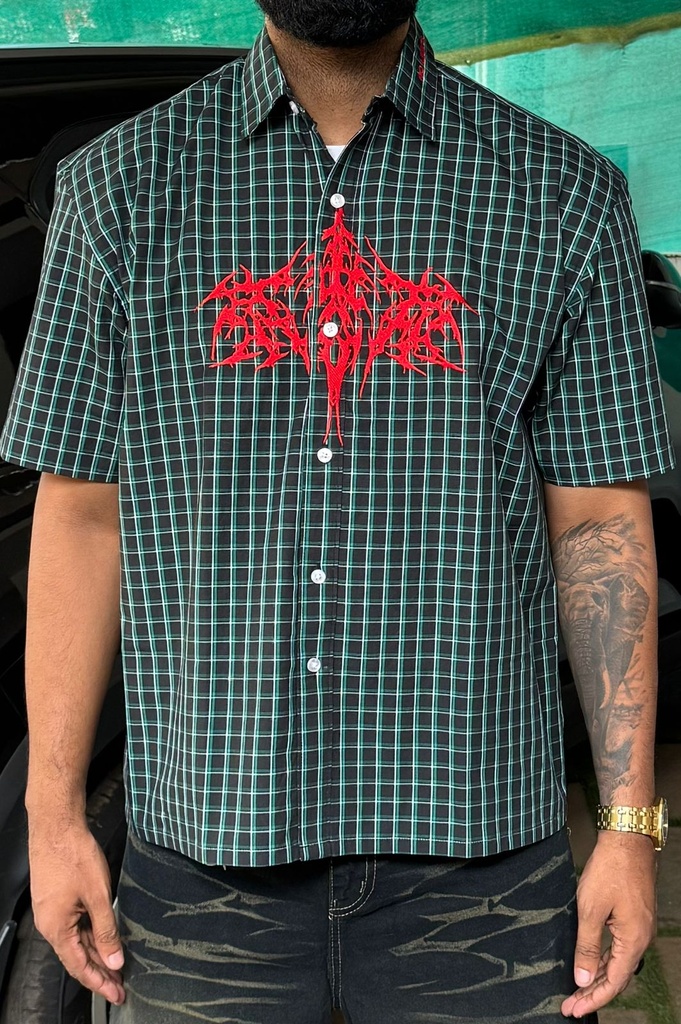 Embroidery Green check shirts - boxy fit (cotton)