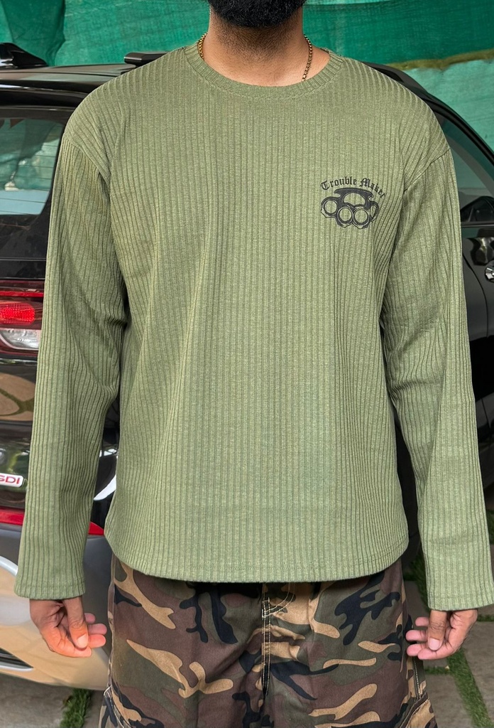 Olive green Textured Fullsleeve Tshirt