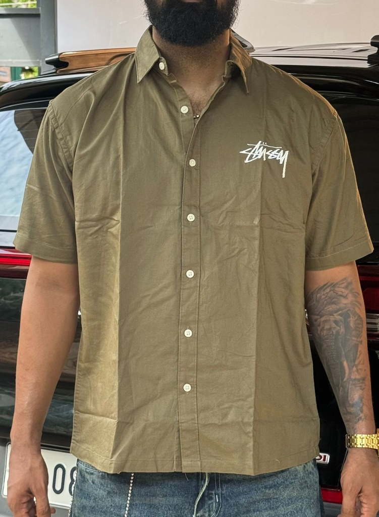 Stuss embroidery Olive green boxy shirt