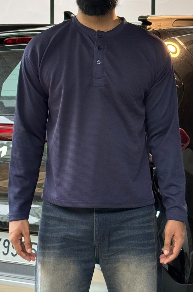 polyester Navy Blue waffle knit Henley