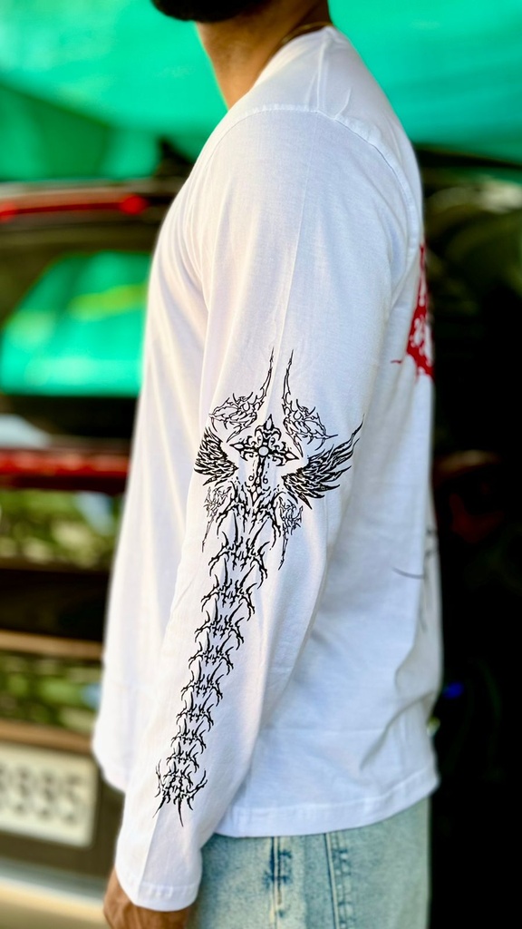 white fullsleeve layering tshirt, backprinted