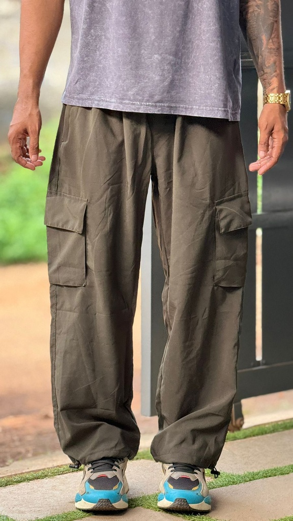 =Olive Green Baggy Parachute Cargo Track pants