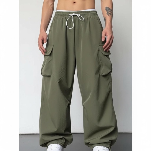 Olive Green Baggy Parachute Cargo Track pants