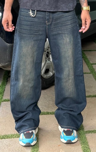 BLUE n brown line whisker Baggy Rustwash  Jeans