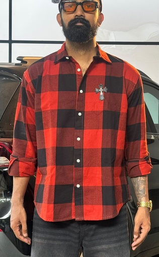 Chrome patch red black denim feel shirt